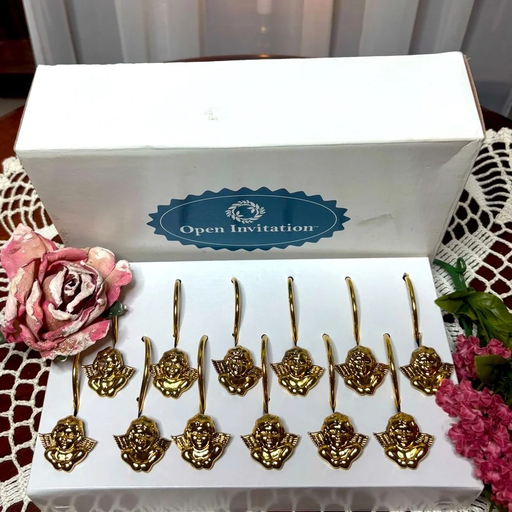 Vintage Shower Curtain Rings Victorian Cherub Angel Gold Brass Hook Set of 12